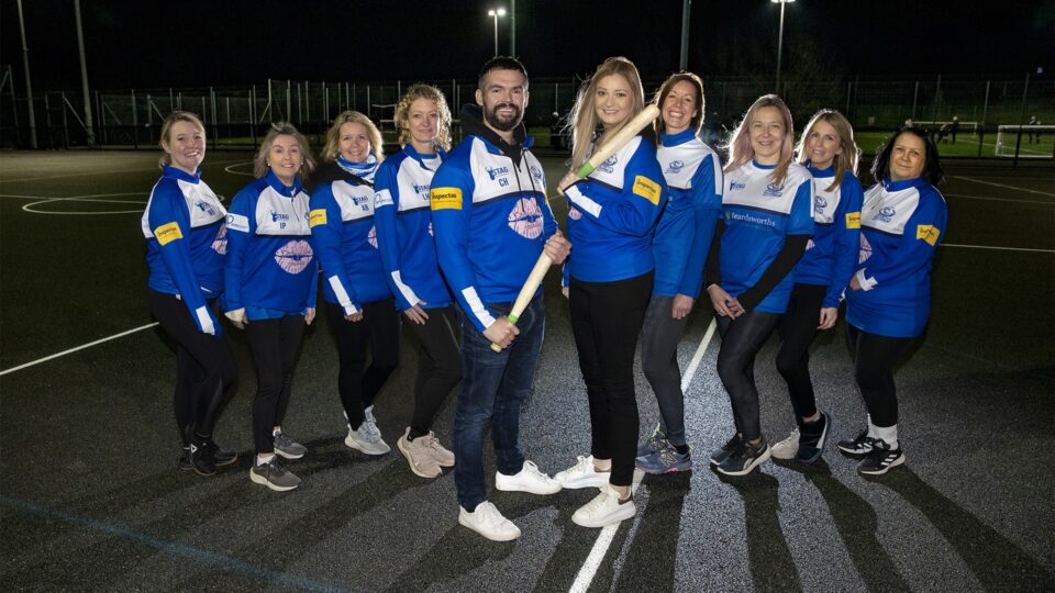 Inspectas Matthew Fahy and Fiona Lindsay join the Birkenshaw Blue Dogs rounders team to mark their kit sponsorship-HD