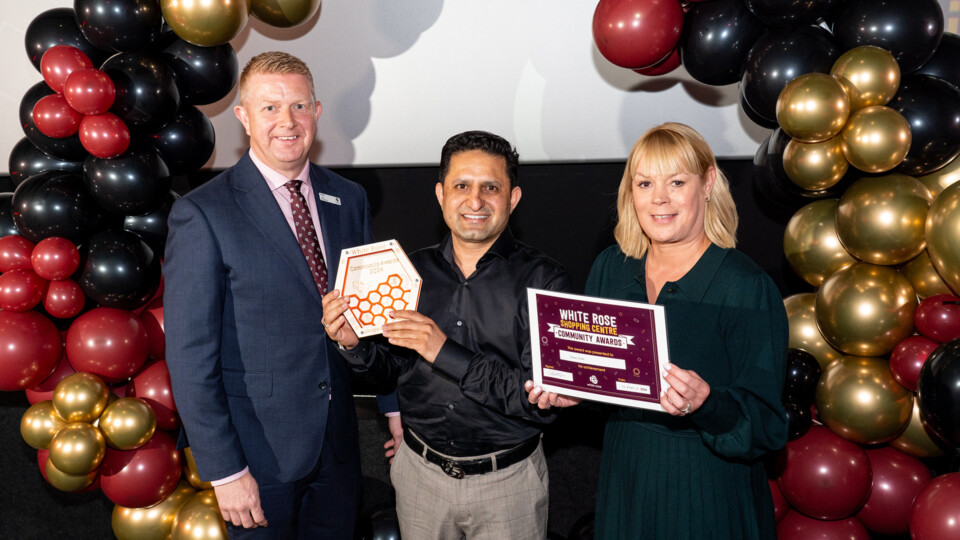 White Rose Community Awards 2024, Centre Director Steven Foster, Winner Zahid Khan (middle), and Community Manager Samantha Knight