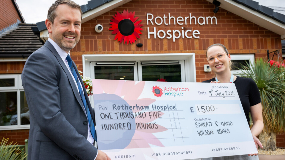 Barratt and David Wilson Homes Yorkshire West have donated to Rotherham Hospice as part of the company’s community fund scheme.

PIC shows Sophie Barnett (Fundraising Development Manager at Rotherham Hospice) and Gavin McCarthy (Sales Manager - Barratt and David Wilson Homes Yorkshire West).