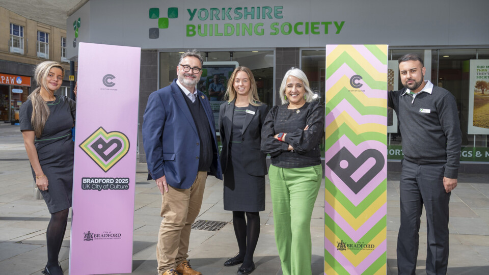 Dan Bates Executive Director and Shanaz Gulzar Creative Director of Bradford 2025 with colleagues from YBS' Bradford Branch-crop