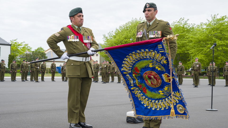 2nd 1st Battalion, Royal New Zealand Infantry Regiment colours parade.
The new Kings colours were unveiled to the battalion with the Governor General, Chief of Defence Force, and the Chief of the Army in attendance.