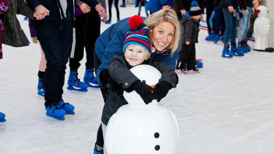 Mum and Toddler with Buddy the Snowman at Yorkshire's Winter Wonderland