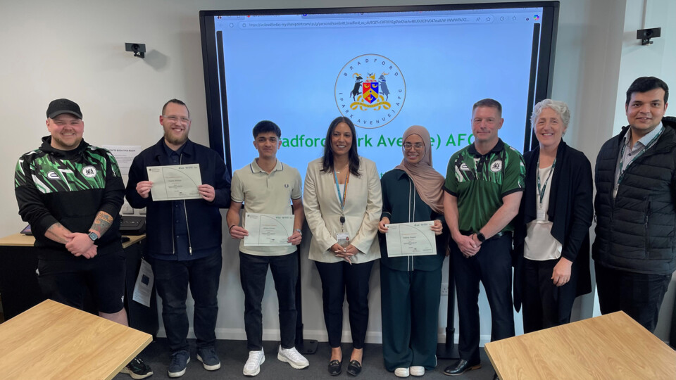 The three students who pitched line up with representatives from Bradford (Park Avenue) and the University of Bradford. Images credits: University of Bradford  