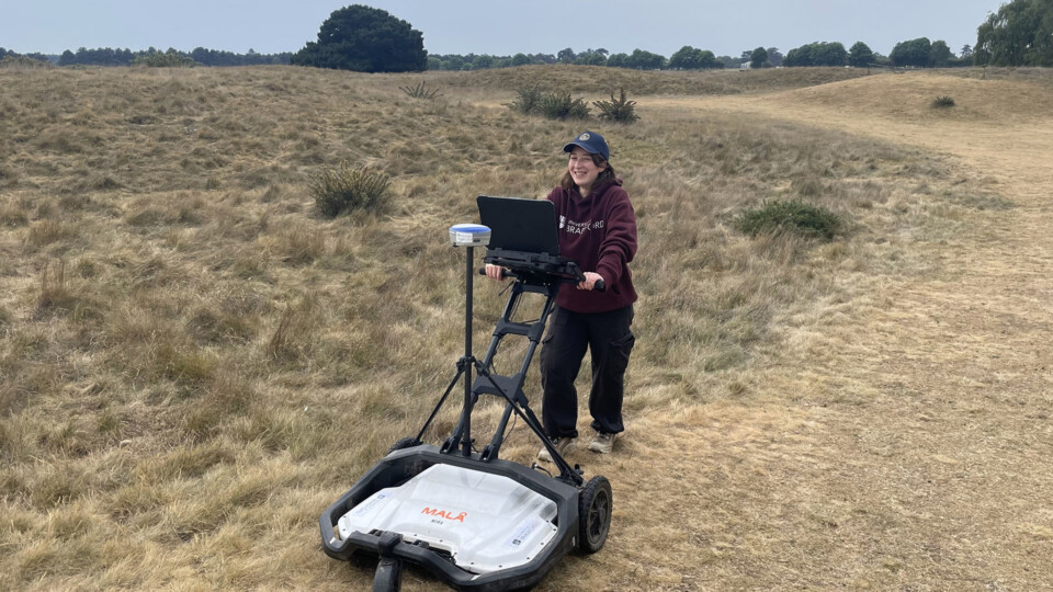 Lucy helping with the geophysical survey at Sutton Hoo. Images credit: Michael Langton and University of Bradford