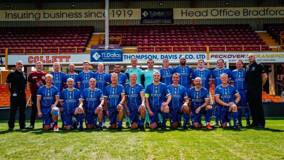 The Bradford Fire Station squad lined up before their match against a Bradford City Legends side played at the University of Bradford Stadium in May.  Images credit: West Yorkshire Fire and Rescue Service (WYFRS) and University of Bradford