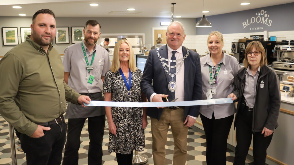 L – R Centre manager, Andy Bradley; catering supervisor James Pretty; Denise Carter, Cllr Carter, catering manager Marina Jannetta, assistant centre manager Rachel Bunby The mayor of Otley at Otley Garden Centre