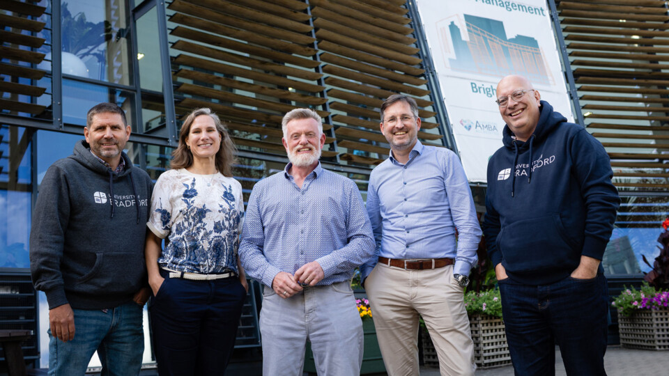 From left, Christoph Doehner, Christina Kruett, Michael Hill-King, Daniel Tertel and Paul Hetherington returned to the University of Bradford campus. Images credit: University of Bradford/Rich Media   