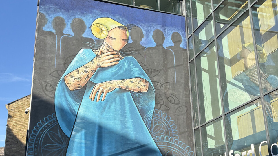The completed Shamsia Hassani mural at Bradford College.