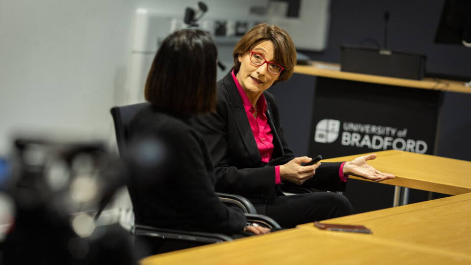 Professor Claudia Trillo in conversation with University of Bradford Chancellor, Anita Rani. Images credit: University of Bradford