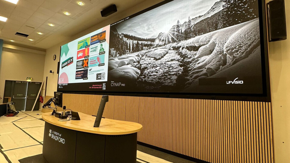 'The Barn' lecture theatre at University of Bradford, which features a 10m-wide 4K LED