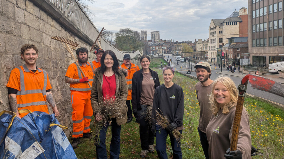 Main photo of staff on Station Rise: Includes City of York Council's public realm team Robert, Eden and Ryan. Ancient Monuments Manager Liam Dennis, Cllr Jenny Kent. The Green Corridors team from St Nicks including Nicola, Maeve, Jonathan Dent and Beki Hagger.