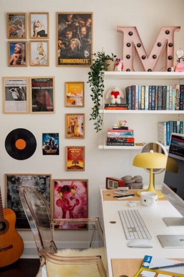 Remote interior design project by Roberts Renovations featuring a creative home office with wall art, shelving, and personalised décor, blending functionality with style.