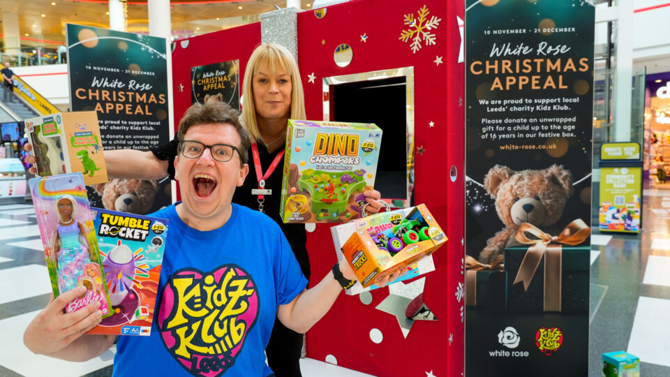 White Rose Christmas Appeal 2025 L-R Andy Johnson of Kidz Klub Leeds and Samantha Knight of White Rose Shopping-Centre