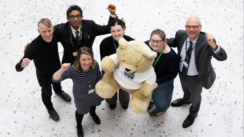 Back row, from left, Professor John Wright, Born in Bradford’s Chief Investigator, and Professor Prathivadi Anand, Professor of Public Policy and Sustainable Development at the University of Bradford and BiB team member, Lydia Ngwenya, Senior Alumni & Philanthropy Manager at the University of Bradford, Katie Swinden, Born in Bradford Business Operations Manager, and Professor Nick Braisby, University of Bradford Interim Vice-Chancellor. Front, Eleanor Clyde-Evans, Associate Director, Engagement, Development and Communications at the University of Bradford, and the Born in Bradford teddy bear. Images credit: Kiran Metha@KM Images Ltd