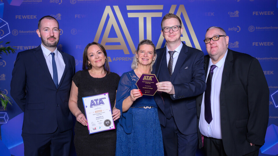 The Bradford College Apprenticeship team collect the ‘Apprenticeship Provider of the Year’ trophy at the national Apprenticeship & Training Awards 2026. 