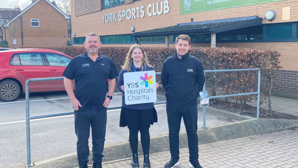 Kevin Johnson (York Sports Club), Natalie Marriott (York & Scarborough Hospitals Charity) and Tom Bateson (York Sports Club) outside of York Sports Club, showing support towards the Tiny Lives Appeal.