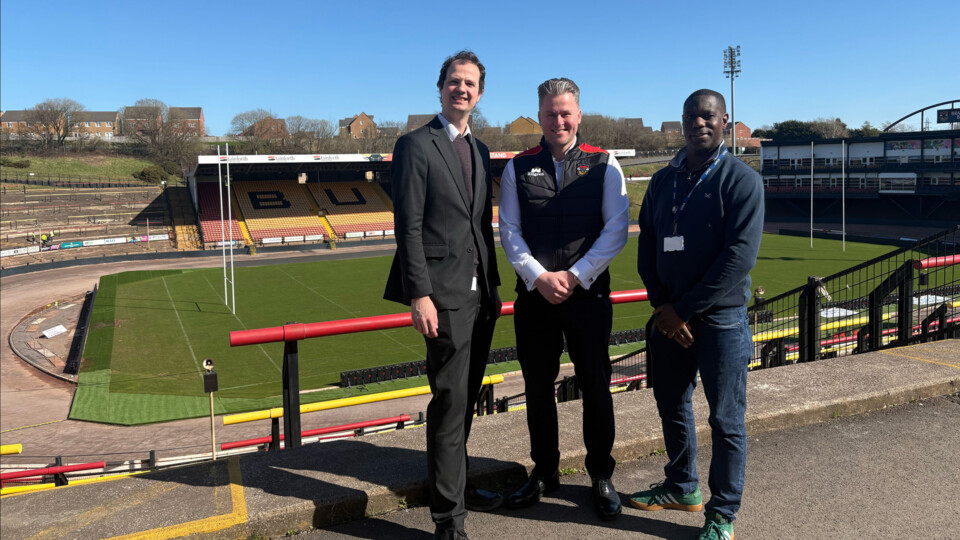 L-R Cllr Alex Ross-Shaw, Philip Sharp, Director and co-owner of Bradford Bulls and Patrick Nyarko, Bradford Council Youth Service.