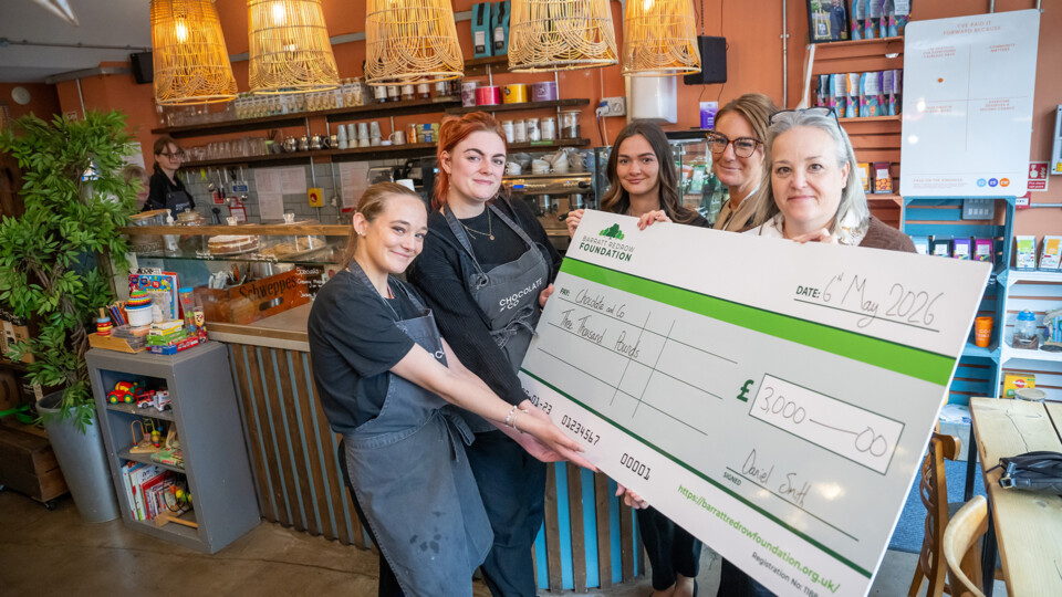 B&DWYE - SGB-6 - Kathryn, Izzy and Danielle from Barratt Homes handing the cheque to Chocolate and Co