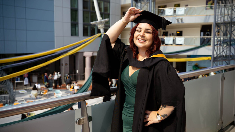 Justyna Dobersztajn has graduated with first-class honours from her BSc (Hons) Applied Artificial Intelligence programme at the University of Bradford. Images credit: Kiran Mehta@KM Images/University of Bradford and Justyna Dobersztajn