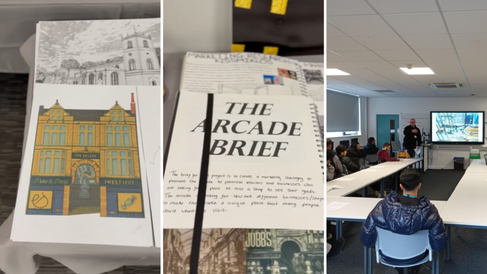 Collage of images focusing on work between Kirklees College and Arcade Group