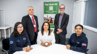 From left, Mariam Nabila, Bradford Rocketry, Aviation and Satellite Society (BRASS) member, Wahid Khan, Head of Legal, University of Bradford, Bradford West MP Naz Shah, Michael Allhouse, Student Engagement Manager at the University of Bradford, and Zahid Hasan Shovon, BRASS member. Images credit: University of Bradford & Kiran Mehta@KM Images