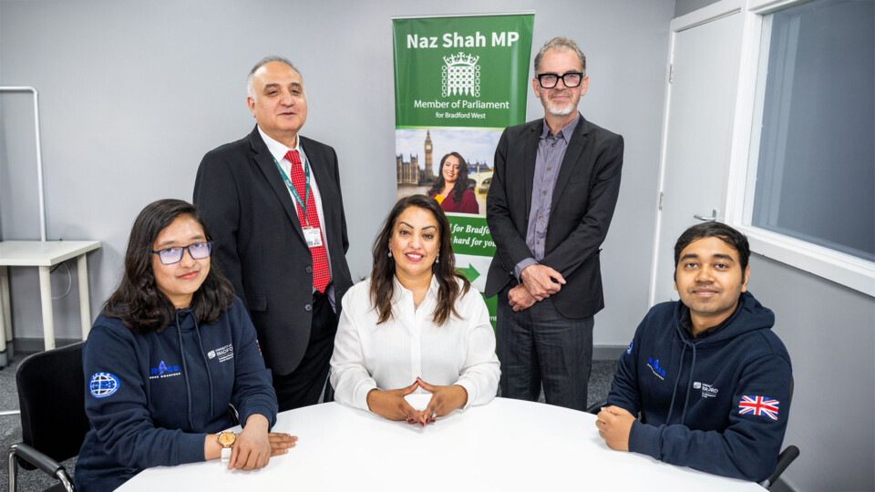 From left, Mariam Nabila, Bradford Rocketry, Aviation and Satellite Society (BRASS) member, Wahid Khan, Head of Legal, University of Bradford, Bradford West MP Naz Shah, Michael Allhouse, Student Engagement Manager at the University of Bradford, and Zahid Hasan Shovon, BRASS member. Images credit: University of Bradford & Kiran Mehta@KM Images