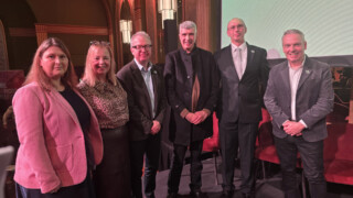 (from left): Antonia Yendell, Head of Space Ecosystem, UK Space Agency, Mandy Ridyard, Business Advisor to the Mayor of West Yorkshire, Kevin O'Hare, Principal, Keighley College, Professor Rami Qahwaji, University of Bradford, Ron Ruppersburg, President MPG Europe and Glenn McCauley, Co-founder and Board Member, Space Hub Yorkshire, pictured at the Scale Up Bradford event at Bradford Live on October 20, 2026. Credits: University of Bradford.